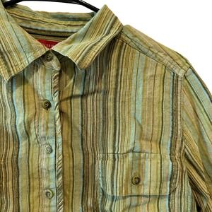 Valerie Stevens Women's Retro Striped 100% Linen Button Down Shirt XL Green Blue
